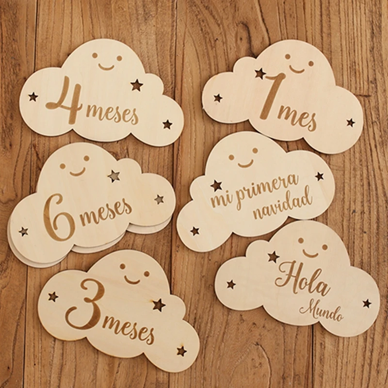 Wooden Baby Milestone 0-12 Months Baby Newborn Cartoon Cloud Shape Photography Accessories Growing Up Card Gifts For Newborns 1