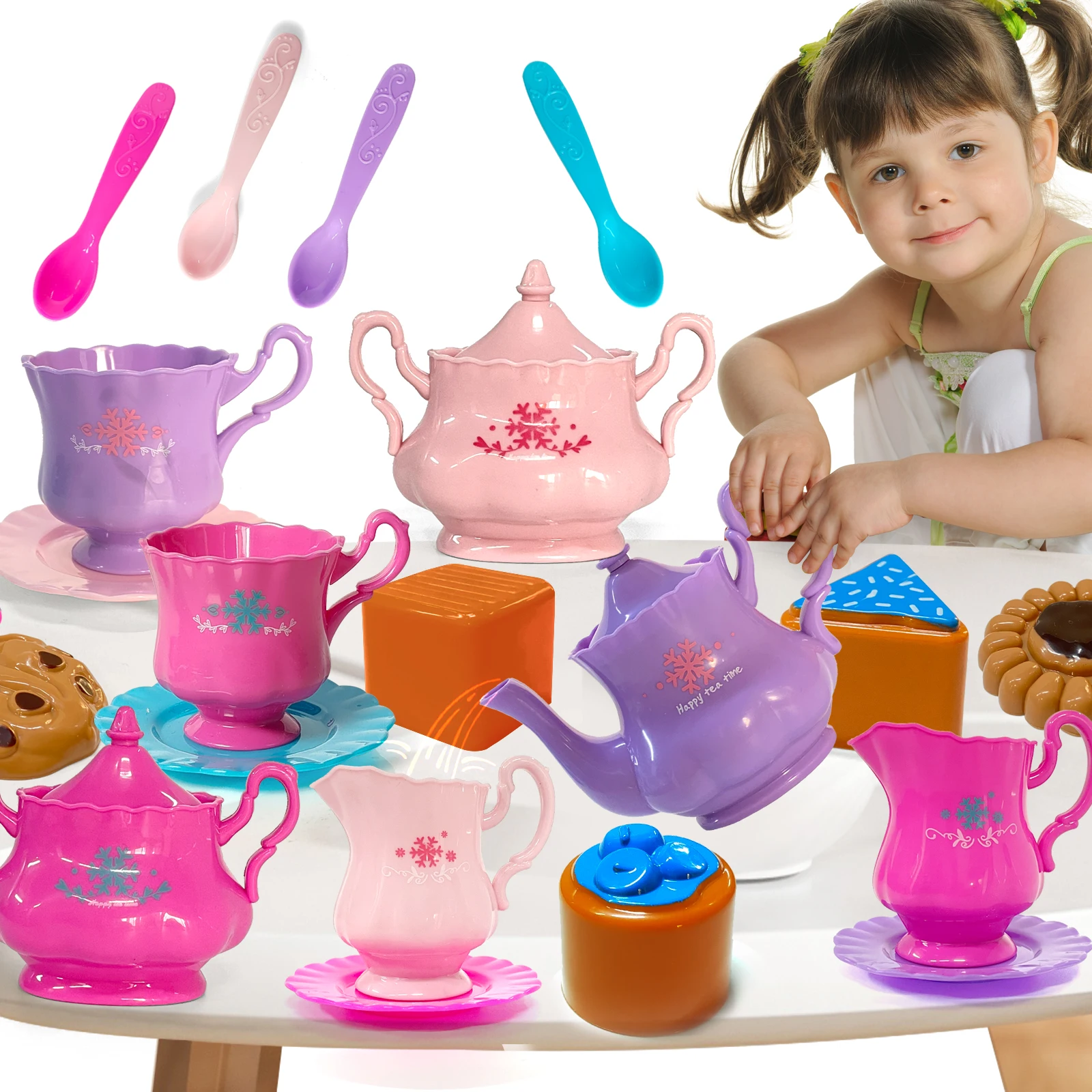 Tea set toy wooden tea set toy for little girls tea party set for toddlers including kettle cookies kids play food boys girls gifts