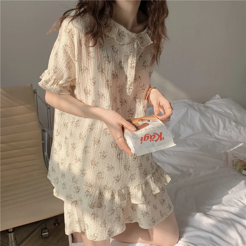 

Peach Summer Homewear Pajama Set Short Sleeve Tops Crepe Cotton Sleepwear Shorts Pyjamas Apricot Comfortable Student Pijama D149
