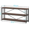 Walnut Low Wide Bookcase, Vintage 63 Inch Long 3 Tier Open Book Shelf, Farmhouse Big Wood Metal Sturdy Bookshelf Display Case, 3