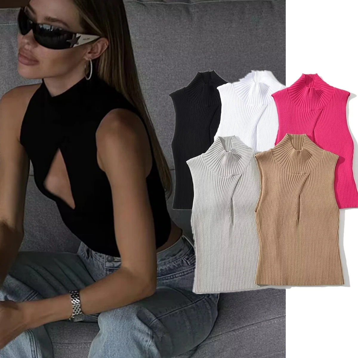 

Maxdutti Fashion Blogger Tops Tshirts Women High Street Sexy Hollow Out Knitted Slim Fit T-shirt Women Summer Tank
