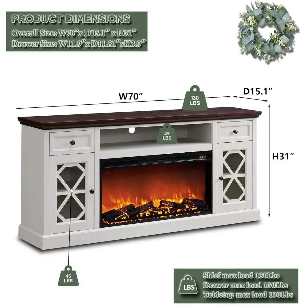 Farmhouse Fireplace TV Stand with 36" Electric Fireplace for 80 Inch TVs, 31" Tall Entertainment Center w/Drawer 6