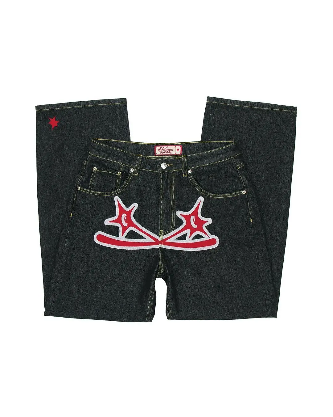 thumbnail image 1 of PROTECT Y2k - Pantalones vaqueros con estampado de estrellas cruzadas y estilo hip hop, estilo gótico, retro, holgados, azules y negros, para hombre, estilo punk, rectos, ropa de calle, 1 of 5