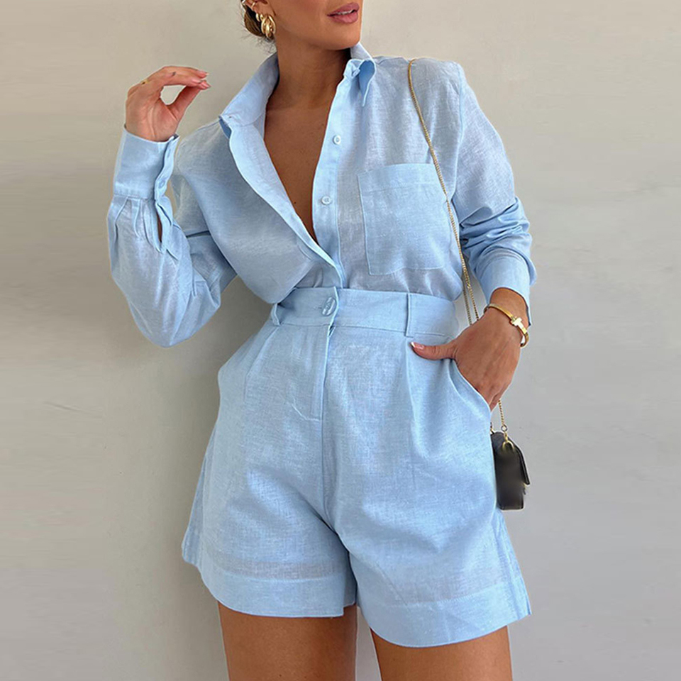 Women's Sets All Season Korean Casual Single Breasted Long Sleeve Shirt Collar Natural Waist Short Daily Sets