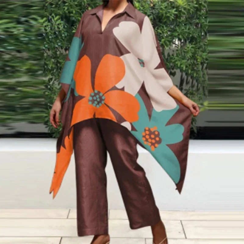 

Casual Fashion Loose Two Piece Sets 2023 Women Big Flower Print Spring Autumn Suit Long Sleeve Irregular Shirt and Pants Outfits