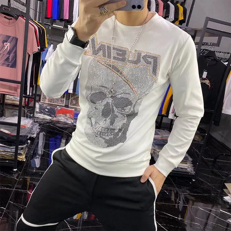 Men's Cotton hoodies Spring and Autumn Distinctive Trendy Brand Skull Hot Diamond Printed Handsome Long-Sleeved Sweatshirts