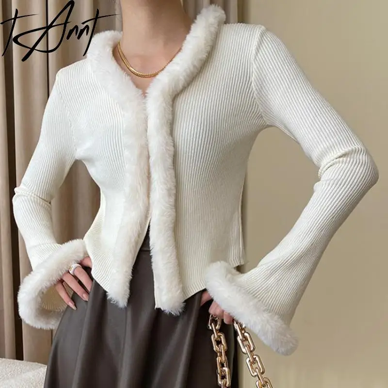 

TANNT Beige Knitting Slim Fit Cardigan Sweater V-Neck Long Fur Flare Sleeve Women New Fashion Tide Spring Autumn 2023