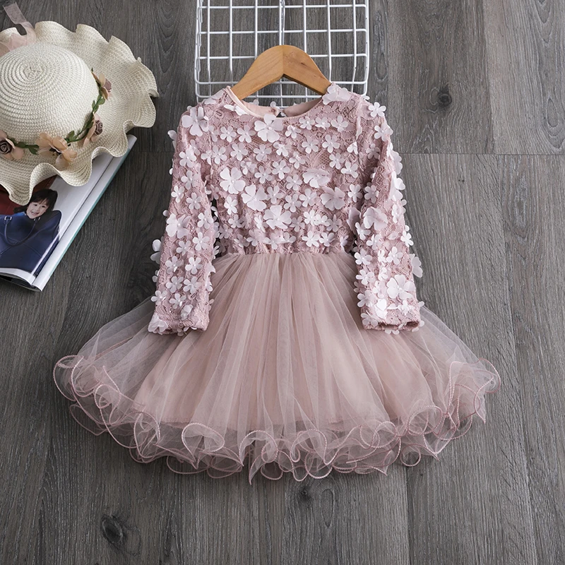 Autumn Long Sleeve Dresses for Girls Lace Flower Elegant Girls Dresses Kids Wedding Birthday Party Pageant Girl Clothes 3-8T,girls dress,kids clothes