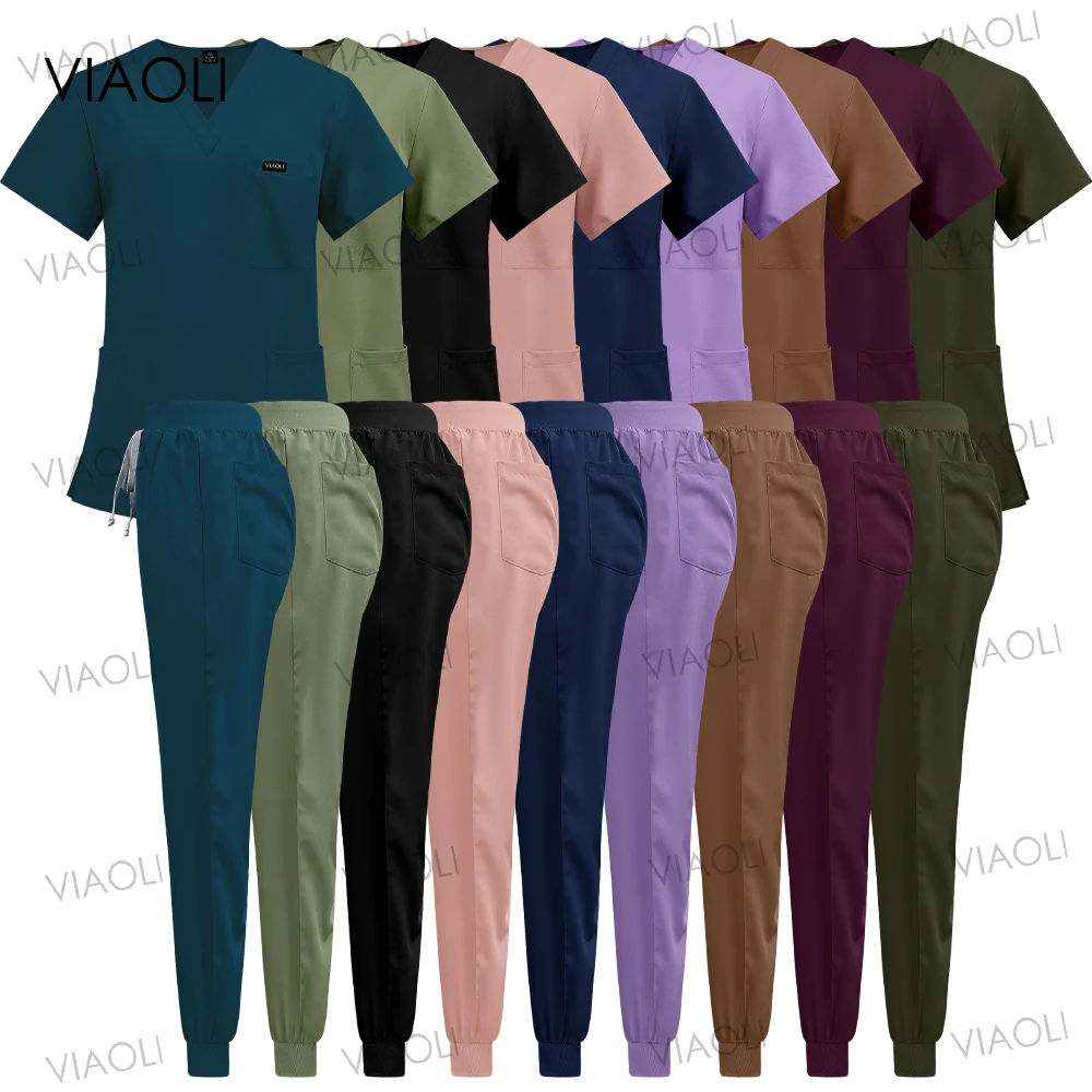 

Nurse Uniform Clinical Workwear Scrubs Top+pants Unisex Solid Color Suit Pocket Blouse+Jogger Pants Dentistry Doctor Medical Set