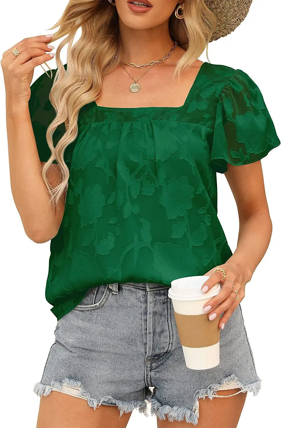 

2023 Summer Women's New Square Neck Lace Cut Out Short Sleeve Chiffon Shirt