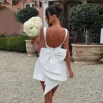 Townlike Bow Pearl Backless Sexy Party Dress Women Mini 2024 Summer Dress Elegant Waist Wrap A-line Dresses Vestidos 1