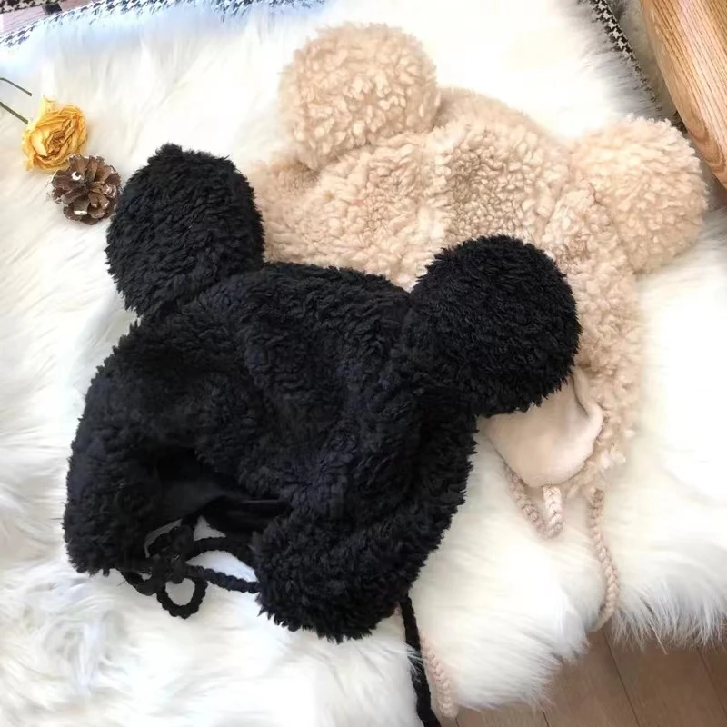 Women Winter Thicken Plush Warm Earflap Hat Cute Bear Ears Windproof Beanie Cap with drawstring Chin Strap 5