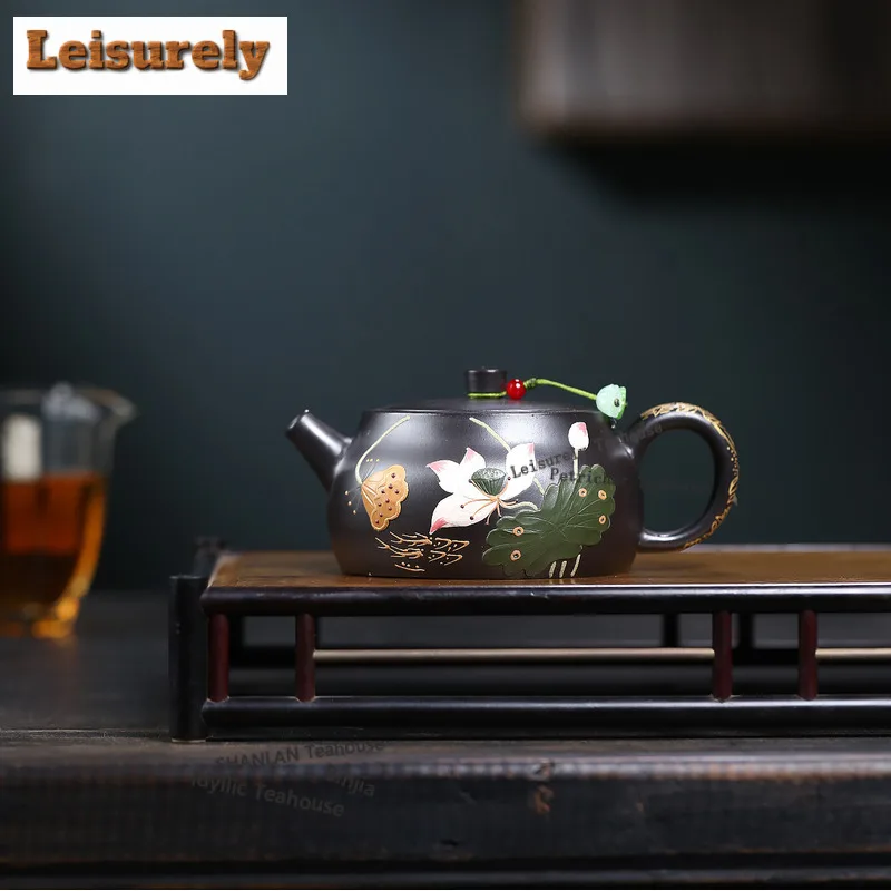 260ml Exquisite Yixing Purple Clay Teapot Handmade Lotus Pot Raw Ore Black Zhu Mud Tea Infuser Kettle With Strainer Zisha Teaset