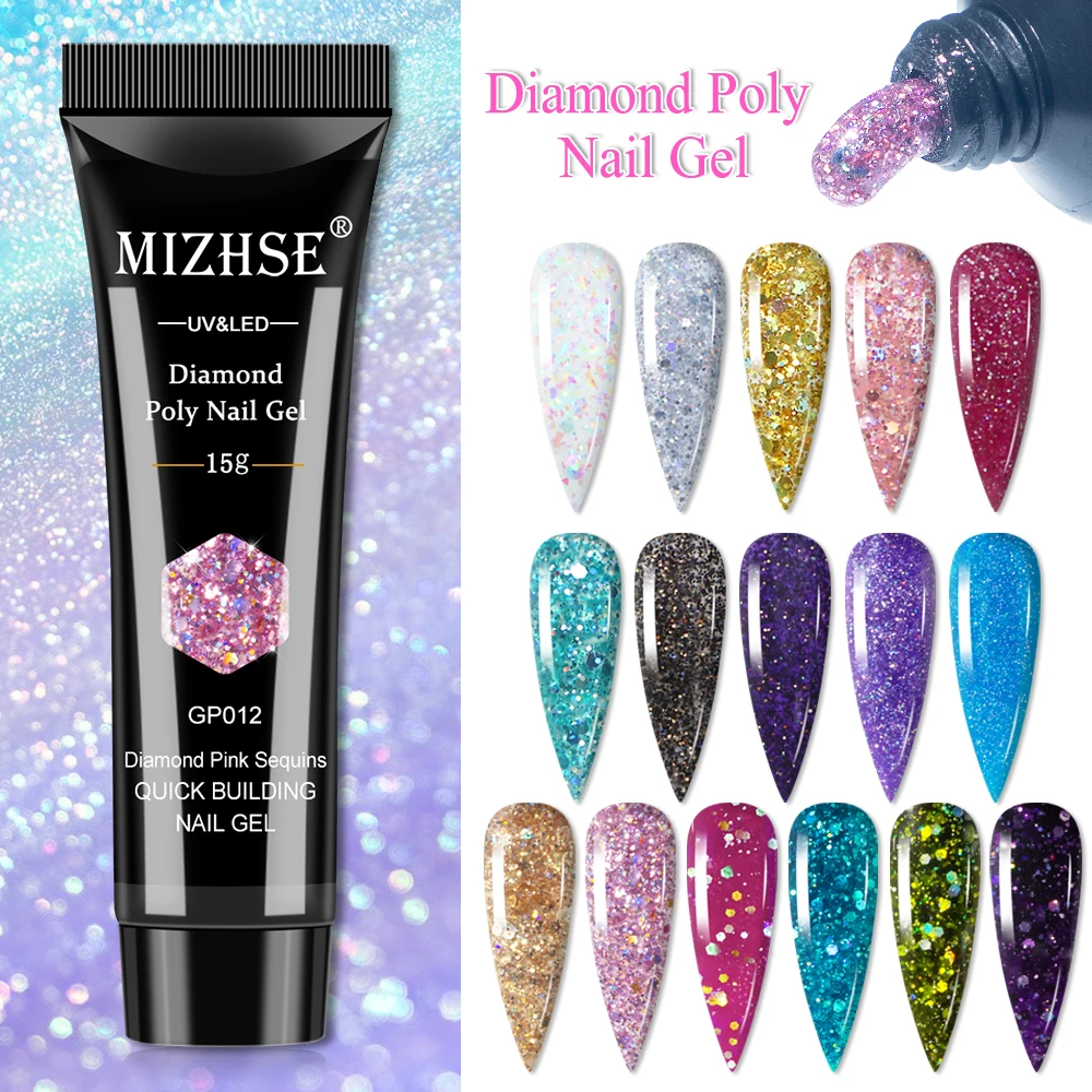 

MIZHSE 15ML Glitter Poly Nail Gel for Nails UV Gel for Extension building Gel Semi Permanent Varnish Hybrid Nail Polish Manicure