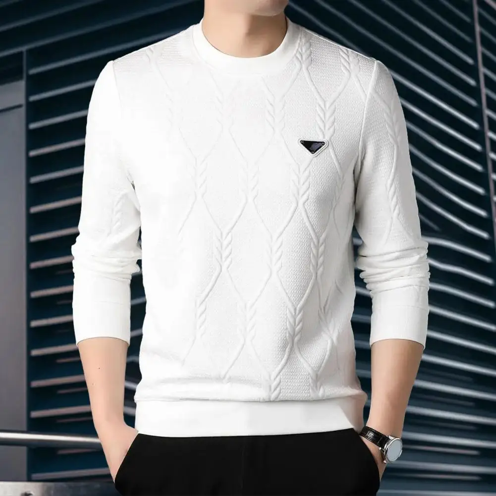 

Men Winter Sweatshirt Men's Plus Size Solid Color Sweatshirt with Applique Detail Elastic Cuff Warm Winter Pullover for Mid