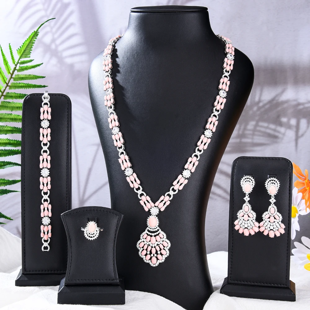 

Missvikki Luxury Pink Drop Necklace Earrings Jewelry Sets Super CZ for Noble Women Bridal Wedding Gorgeous Sparkling Best Gift