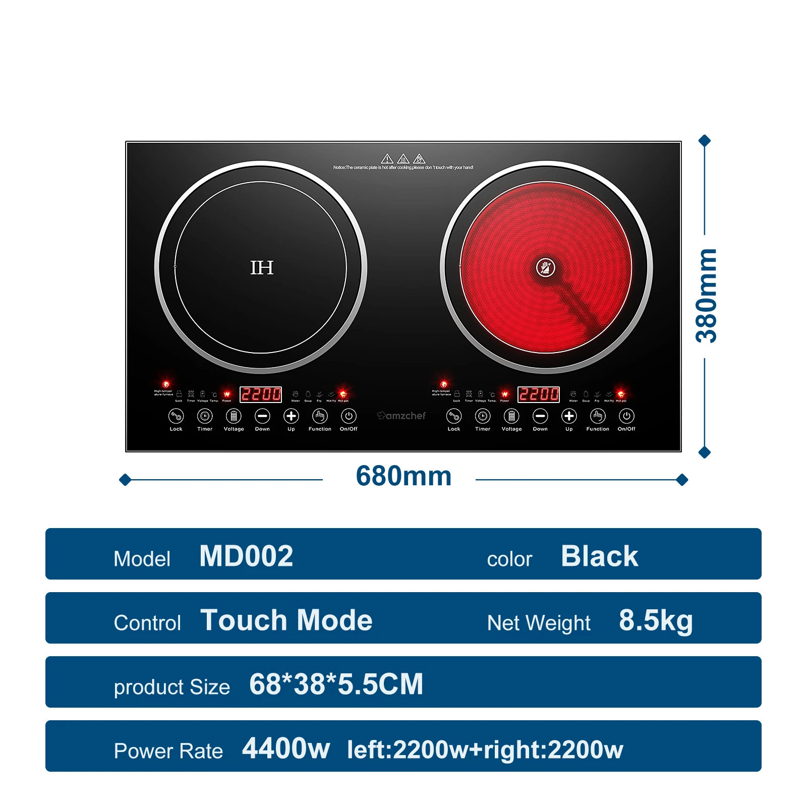 Amzchef Induction Hob&Electric Ceramics Hob with 2 Cooking Zones 4400W