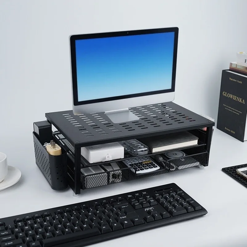 Monitorständer, Schreibtisch-Organizer mit Schublade und 2 Stifthaltern, Monitor-Riser für Bildschirm und Laptop, ergonomischer Desktop-Ständer für das Büro – Detail 3