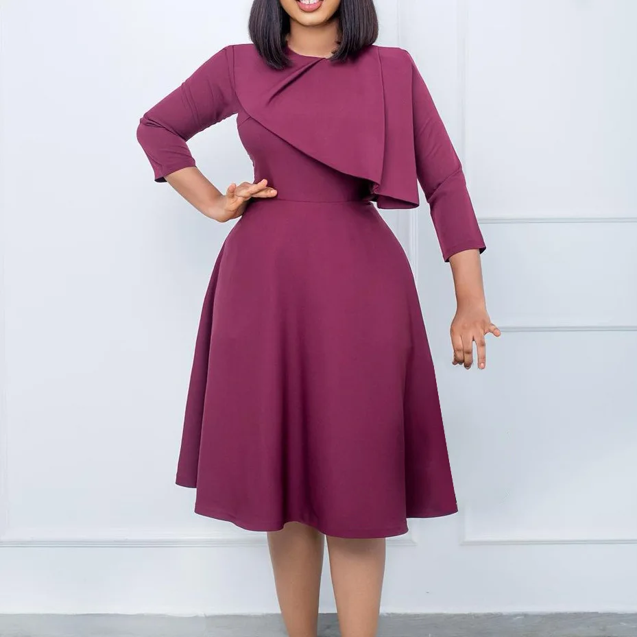 

African Clothes Women African Dresses for Women Spring Autumn African Women Round Neck Polyester Solid Color Knee-length Dress