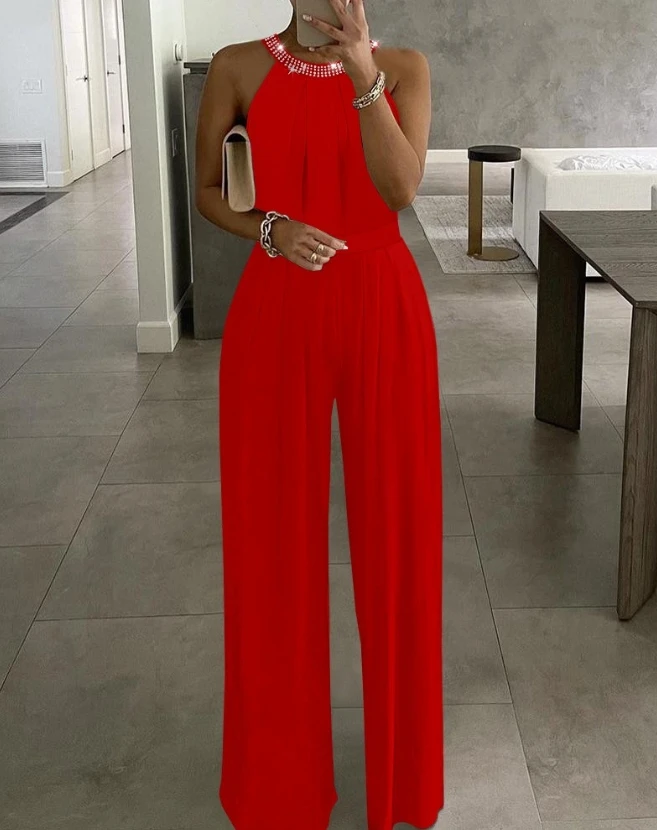 Women's Jumpsuit Rhinestone Decor Sleeveless Wide Leg Jumpsuit 2024 Spring Latest Casual O-Neck Contrast Paneled Daily Jumpsuit women s elegant jumpsuit 2024 spring fashion trend solid color round neck sleeveless high waist lace up straight tube jumpsuit