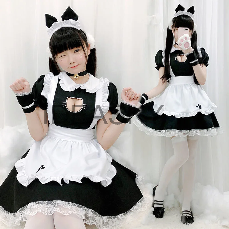 Sexy Black Cat Maid Outfit Girl Women Men Gothic Sweet Lolita Dress Fantasia Halloween Cosplay