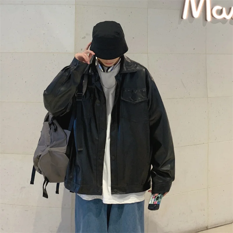 남성용 블랙 인조 가죽 재킷, 힙합 재킷, PU 가죽, 오버사이즈 스트리트웨어, 한국 트렌드 재킷 코트, 가을