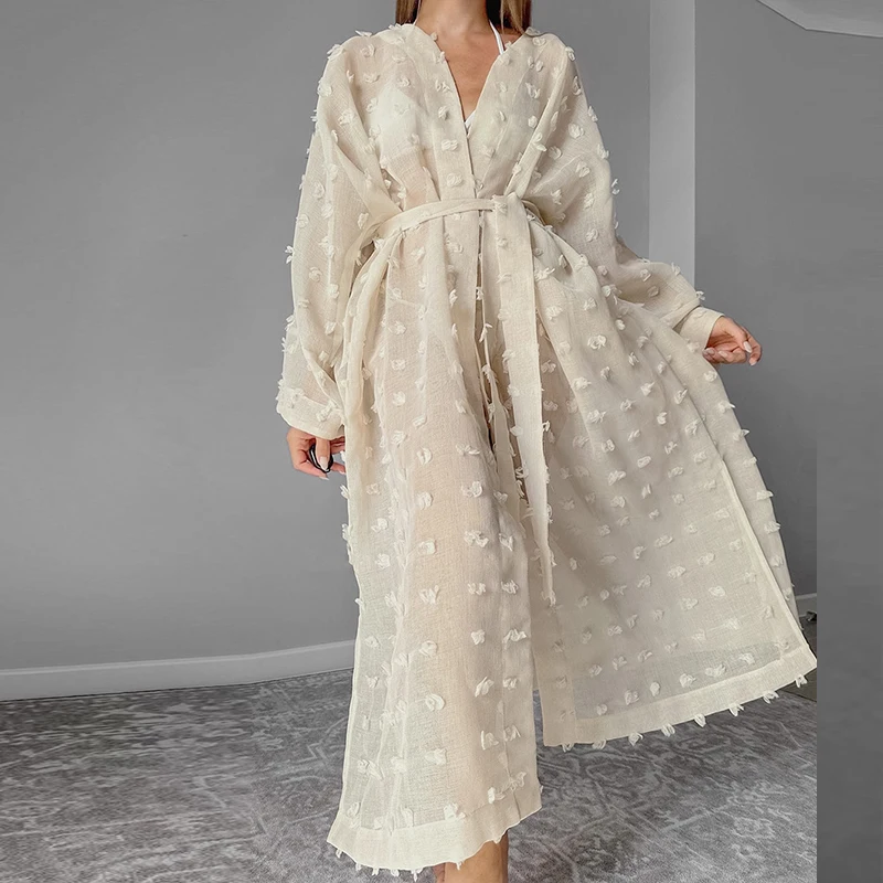 

Women Elegant Jacquard Mesh Long Dress Spring Autumn New Tie-Up Loose Romantic Maxi Dress Lady Fashion A-Line Party Dresses Robe