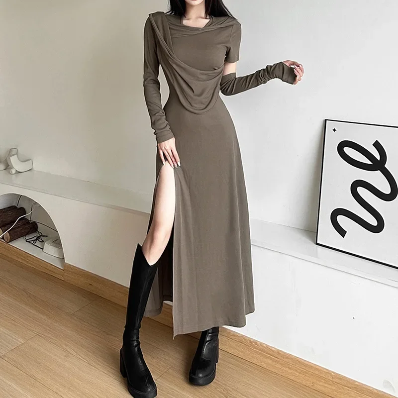 Hooded Dress Black Khaki Long Dress Split Off Shoulder