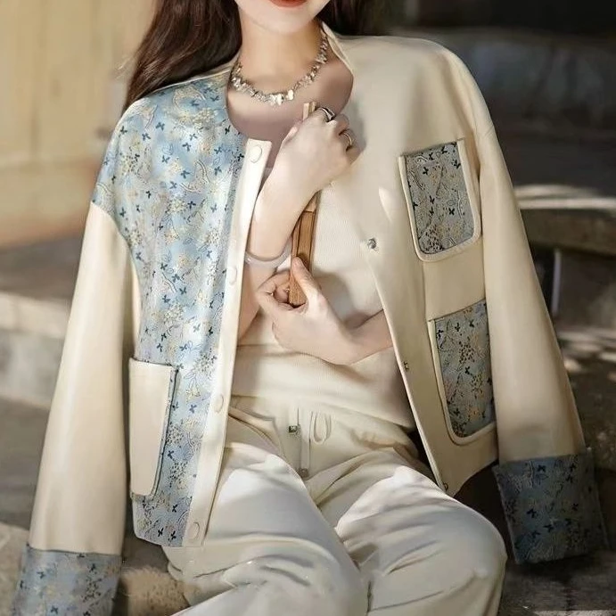 Jacquard Contrast Leather Jacket Women's 2024 Autumn Design Casual All-match Female Tops Fashion Casual Long Sleeve Coats