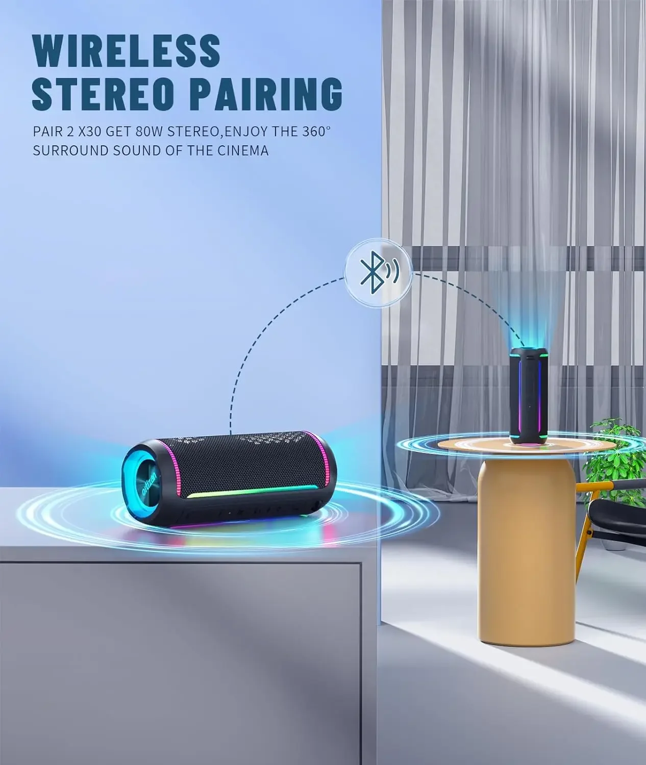 Ortizan Bluetooth Speaker X30, V5.3 Wireless IPX7 Waterproof Shower Speaker,40W HiFi Stereo Sound,TWS Pairing,30H Music Playtime 4