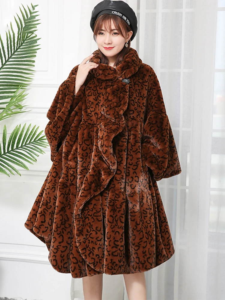 

Nerazzurri Winter leopard faux fur coat women loose oversized skirted furry fluffy jacket long leopard print runway streetwear