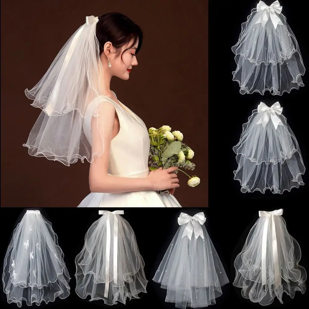 New Two Layer Bridal Veil White Lace Edge Women's Tulle Short Simple Photo Veil
