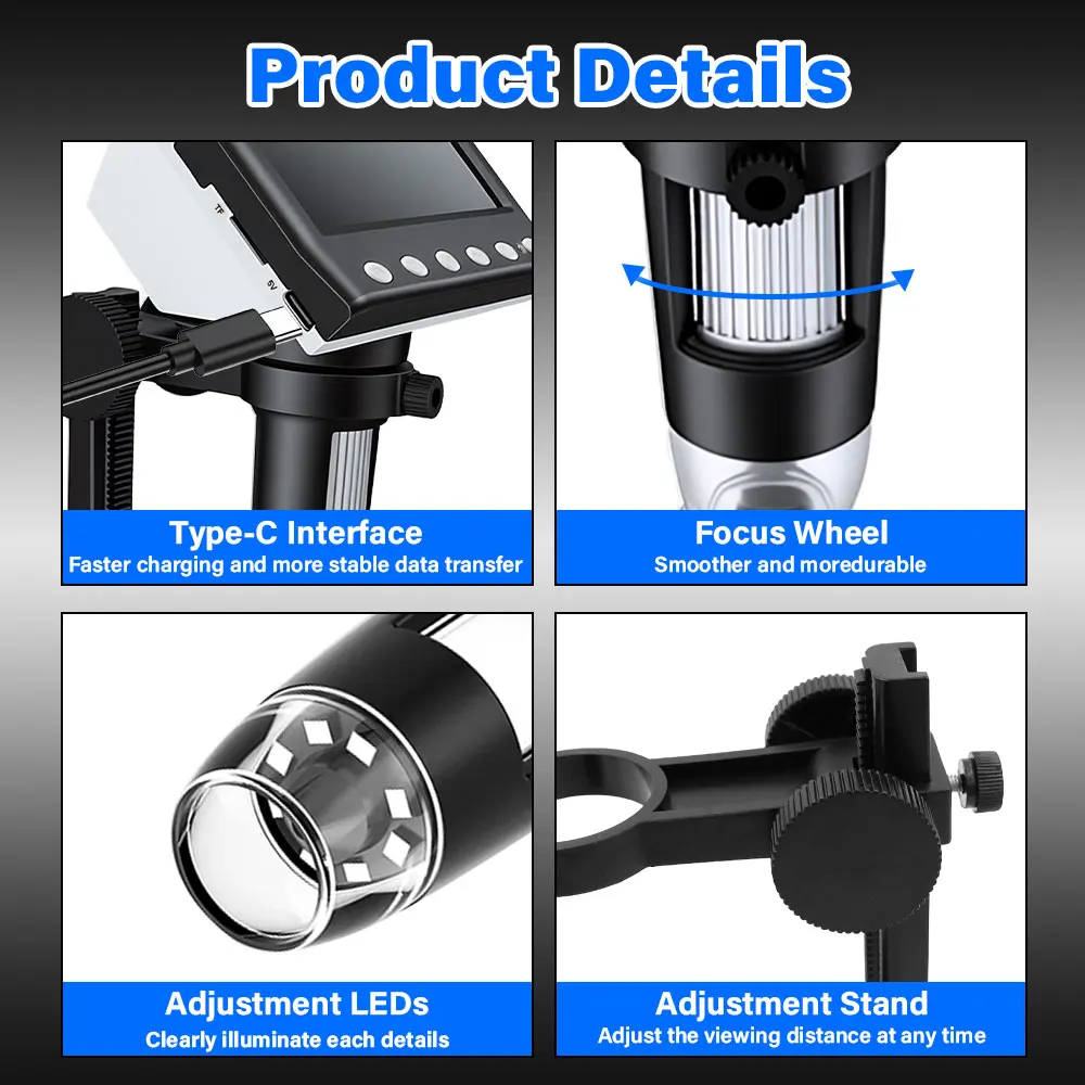 4.3인치 디지털 현미경 1000배율 코인 현미경 1080P 비디오 현미경(스탠드 포함) 성인용 납땜 작업용 8개 LED 드롭스 포함