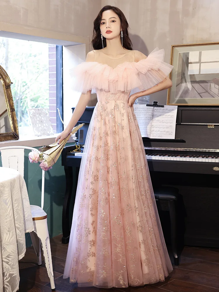 

Pink Tulle Cocktail Dress Women O-neck Tiered Off the Shoulder Evening Dresses Elegant Modern Pleated Sequin Prom Gown