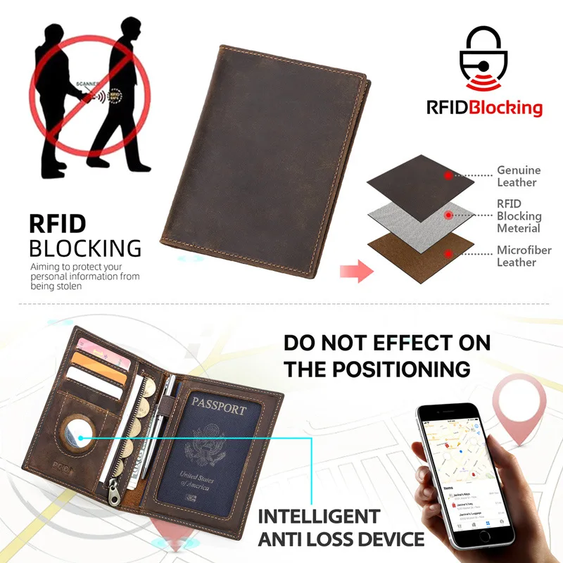 Portafoglio da viaggio in vera pelle di vacchetta con custodia per passaporto, porta carte e blocco RFID - immagine 4