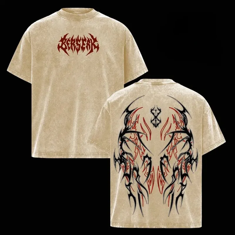 Berserk Guts Logo Graphic Oversized Washed Cotton Tee - Harajuku Style Casual T-Shirt