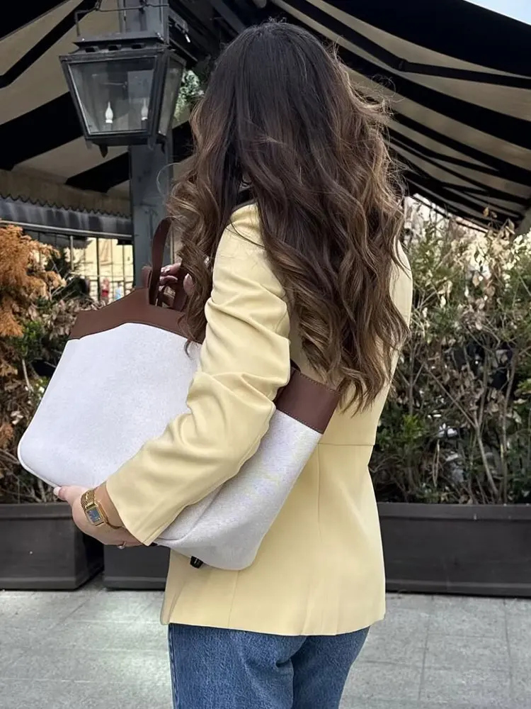 HH Women Elegant Yellow Blazer Coat O Neck Single Breasted Long Sleeve Jacket Autumn Solid Casual Office Lady Outerwear