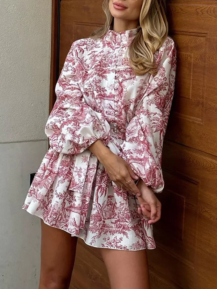 

Printed Patchwork Loungewear Mini Dress, Women Spring Summer Long Puff Sleeve Party Dress, New Stand Collar Fashion Ladies Dress