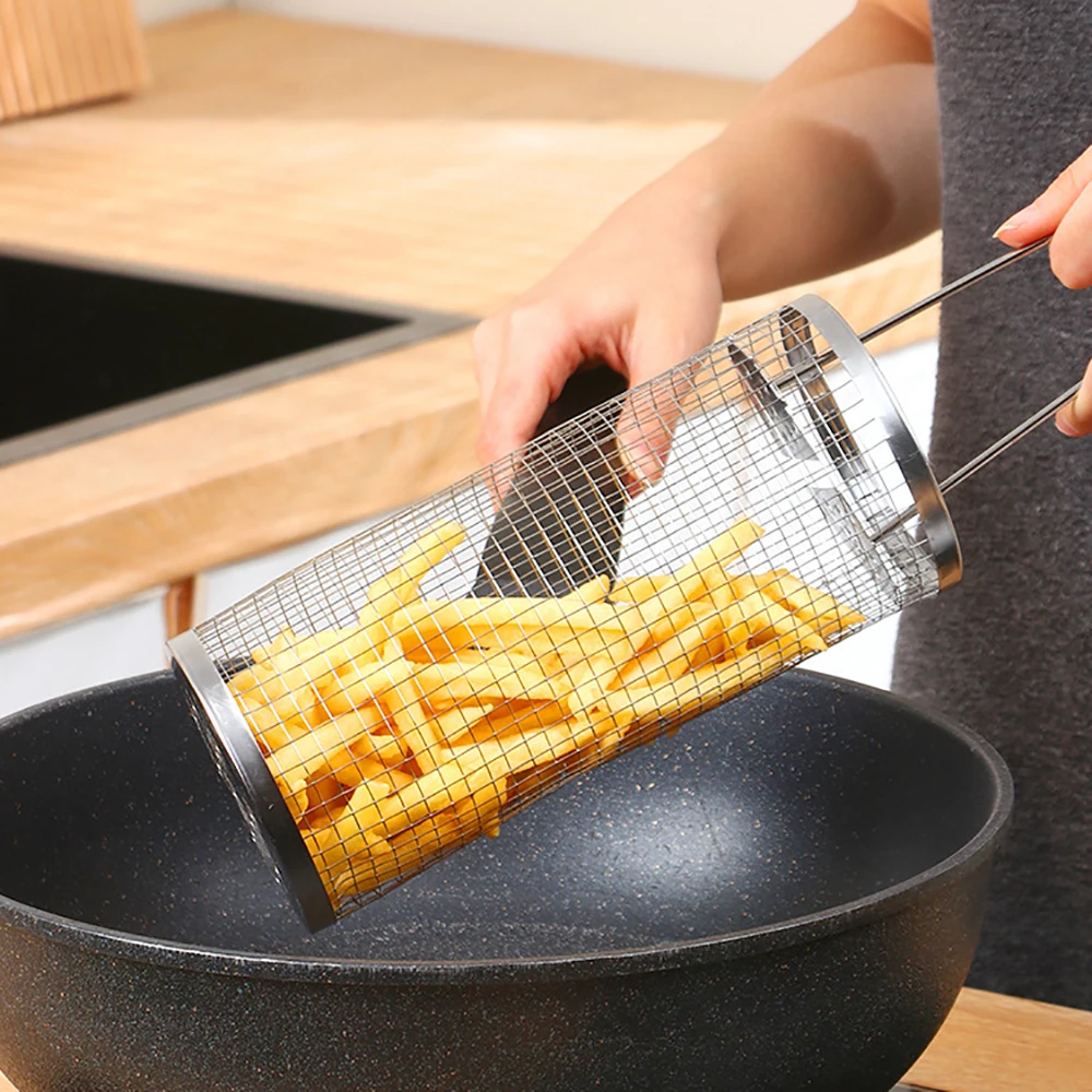 Stainless Steel Grill Basket Portable Barbecue Cage Rolling Grilling Basket Barbecue Tool BBQ Outdoor Grill Accessories bbq basket