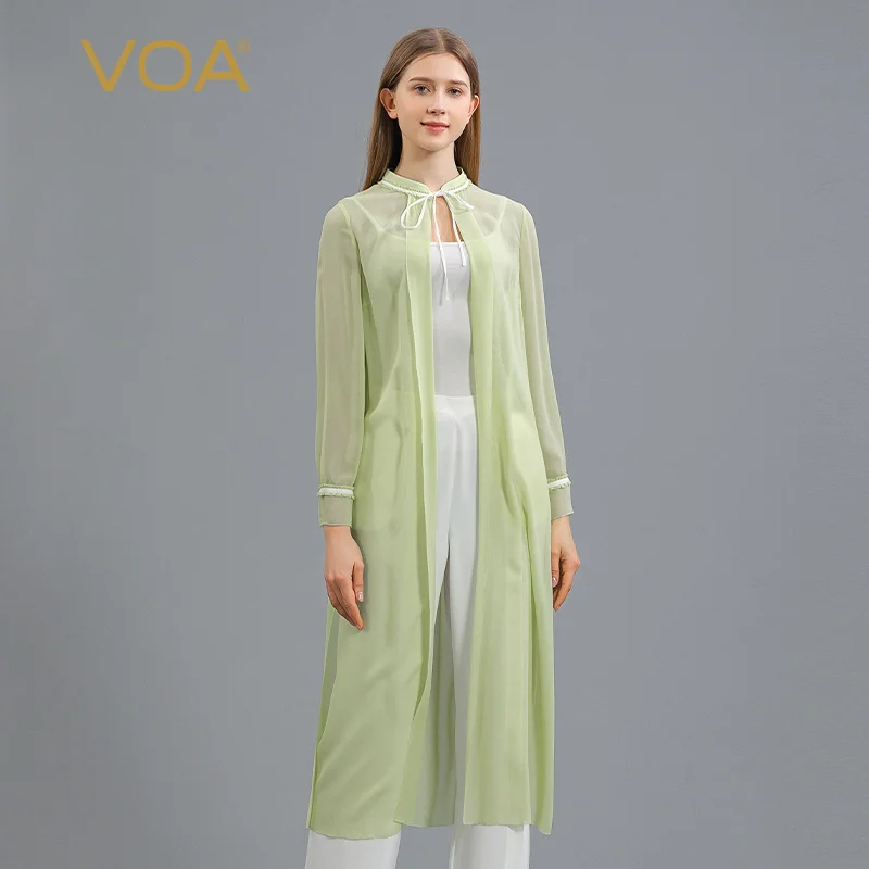 VOA 12momme Georgette 뽕나무 실크 화이트 레이스 업 스탠드 칼라 헴 슬릿 디자인 썬 프로텍션 실크 카디건 얇은 롱 코트 WE183