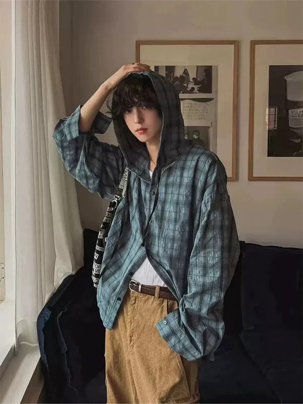 아메리칸 스타일 블루 체크 무늬 후드 자외선 차단 셔츠 남성용 봄 게으른 느슨..
