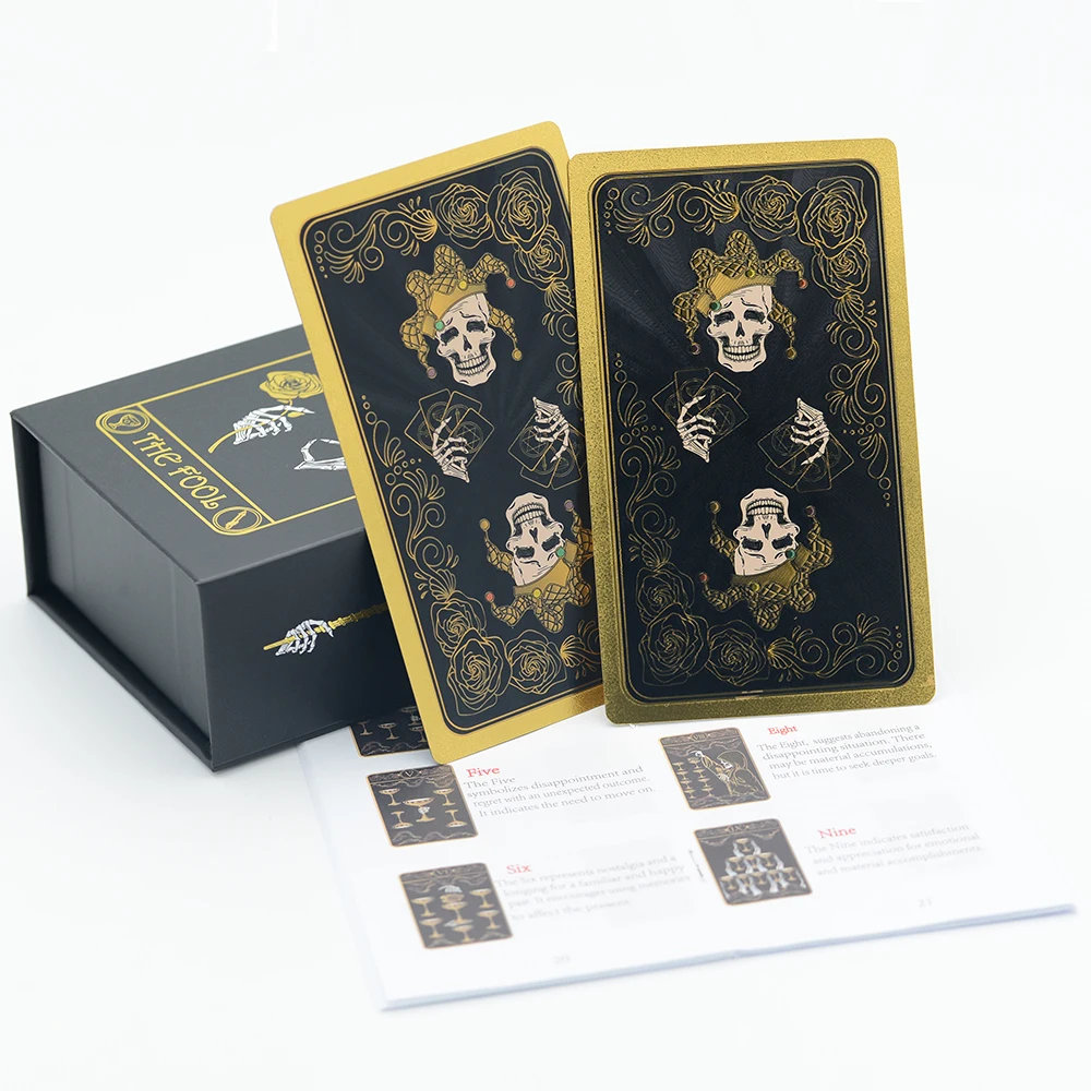 New Mysterious Skull Gold Foil Tarot PVC Desktop Game Color Divination Card Gift Box Set Bronzing Waterproof Deluxe Paper Manual 180pcs gold foil stickers 40mm multiple styles pattern diy multifunction bronzing gift label seal baking stickers