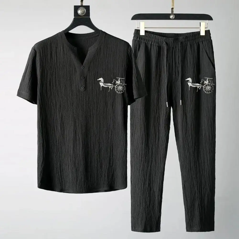 

Men Tracksuits Summer Male Top Pants Set Solid Color V Neck Short Sleeve Drawstring Buttons Neckline Outfit Men Sportswear Set