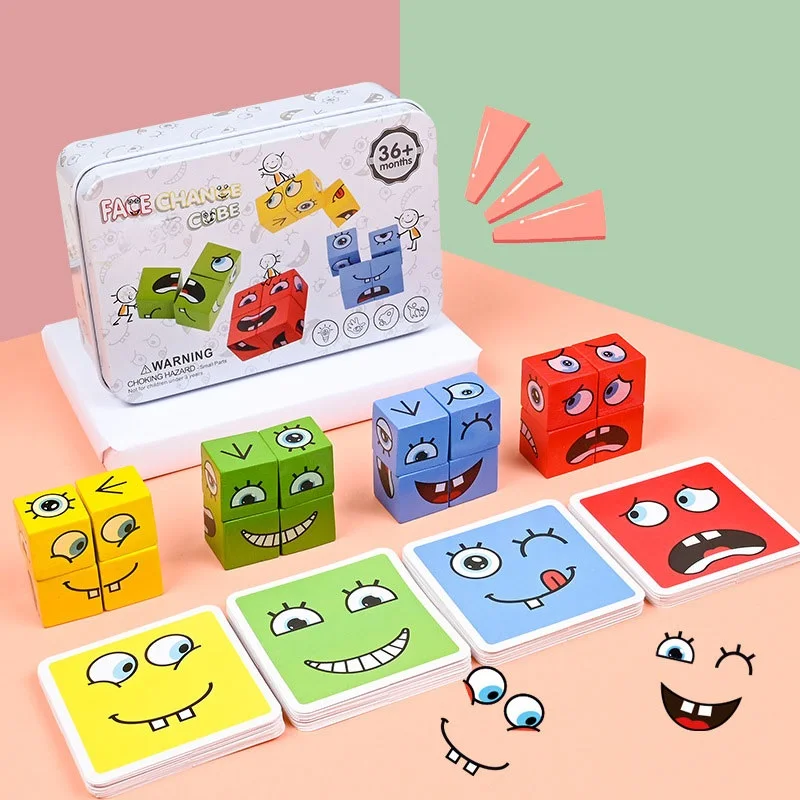 Kids Montessori Toys DIY Face Emoticon Change Cube Wooden Blocks with 64 pcs Cards Learning Education Toy 6