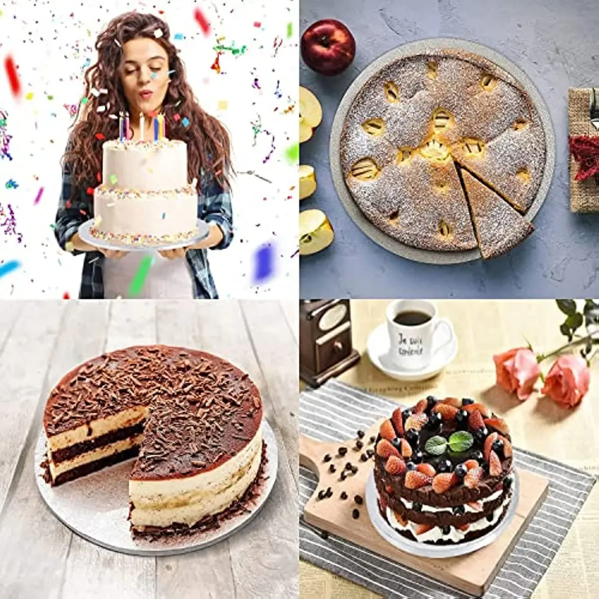 4pack Silver Cake Drum Round 12Inch Cake Boards 1.3cm Thick Smooth Edges for Multi Tiered Birthday Wedding Party Board