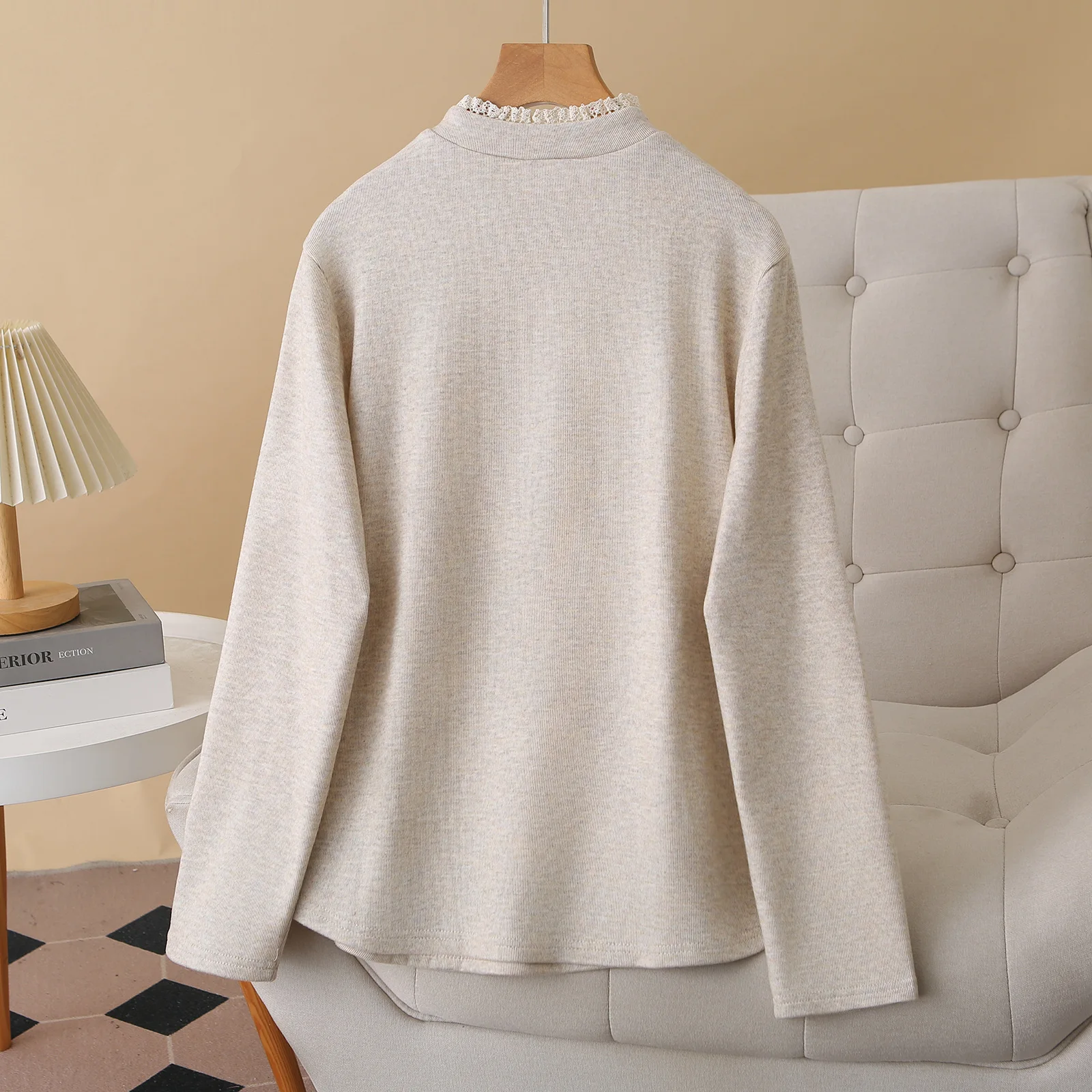 XXXXL Fashion Plus Size Woman Clothing T-Shirt Autumn Winter Style Design Lace Collar Fleece Warm Long Sleeved Base Tops 9693