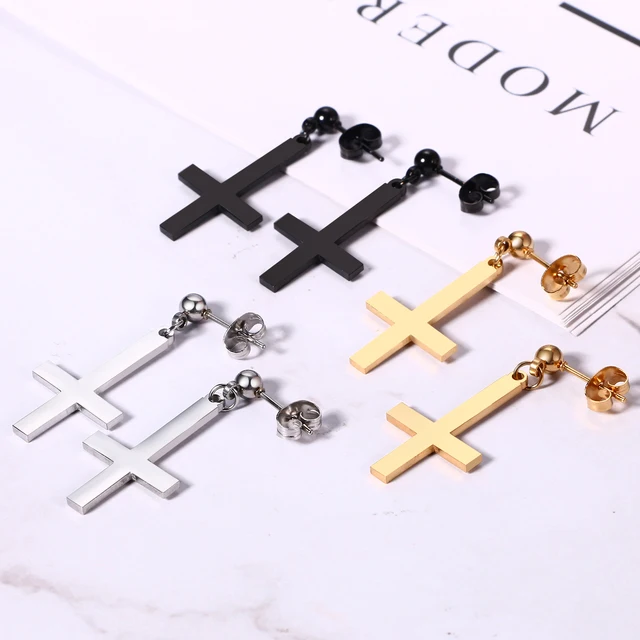 BONISKISS Men Women Stainless Steel Inverted Upside Down Cross Earring Church of Satan Temple Occult Satanic Witchy Stud Jewelry 3