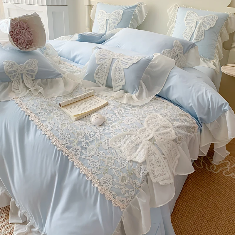 

Korean Princess Bedding Set Lace Bow Beauty Solid Color Lace Ruffle Quilt Cover Luxury Girls Wedding Home Textiles Duver Cover