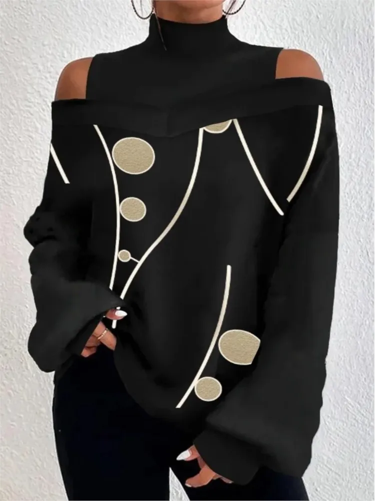Elegant Women\'s Sexy Off Shoulder Hollow Out Loose T-shirt Top Autumn Winter Fashion Print Turtleneck Long Sleeve T-shirts Tops