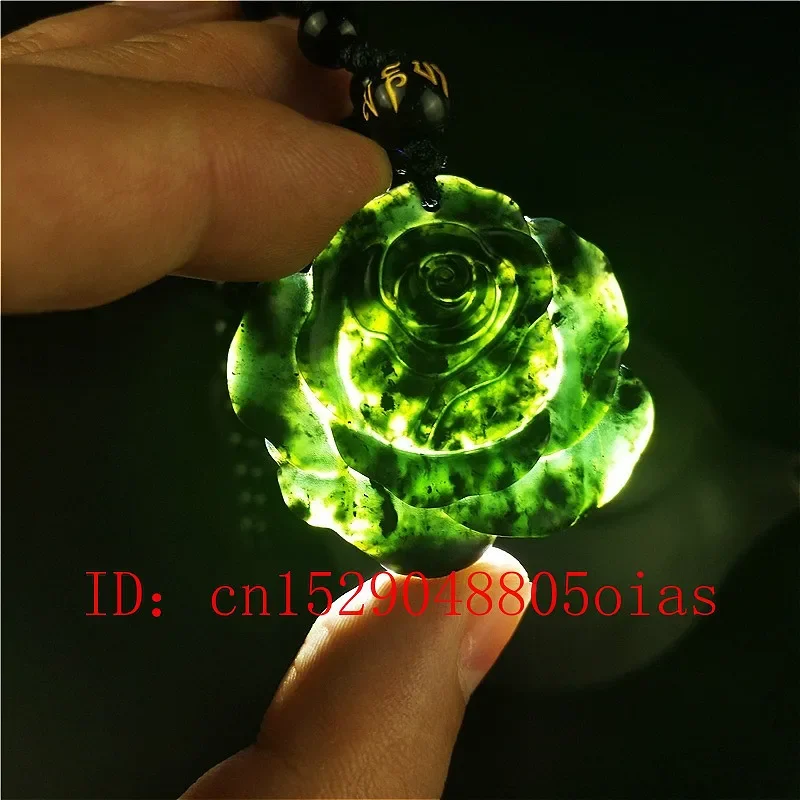 Certified Chinese Natural Black Green Jade Rose Pendant Necklace Obsidian Charm Jewellery Accessories Carved Amulet Gifts